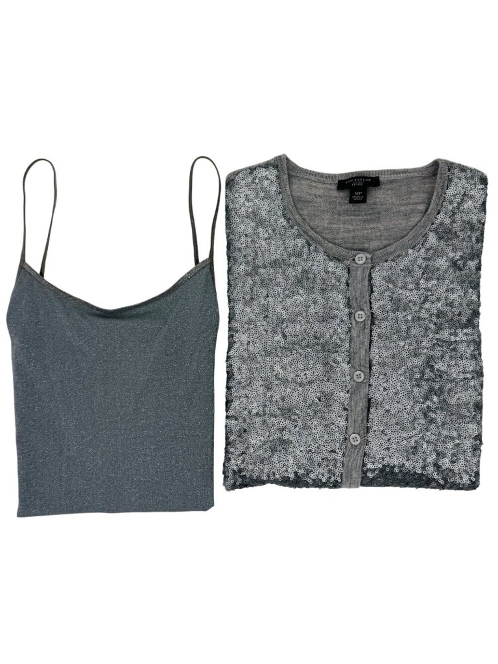 Ann Taylor Silver Sequin Button Down Gray Cardigan Sweater & Shimmer Cami Set SP